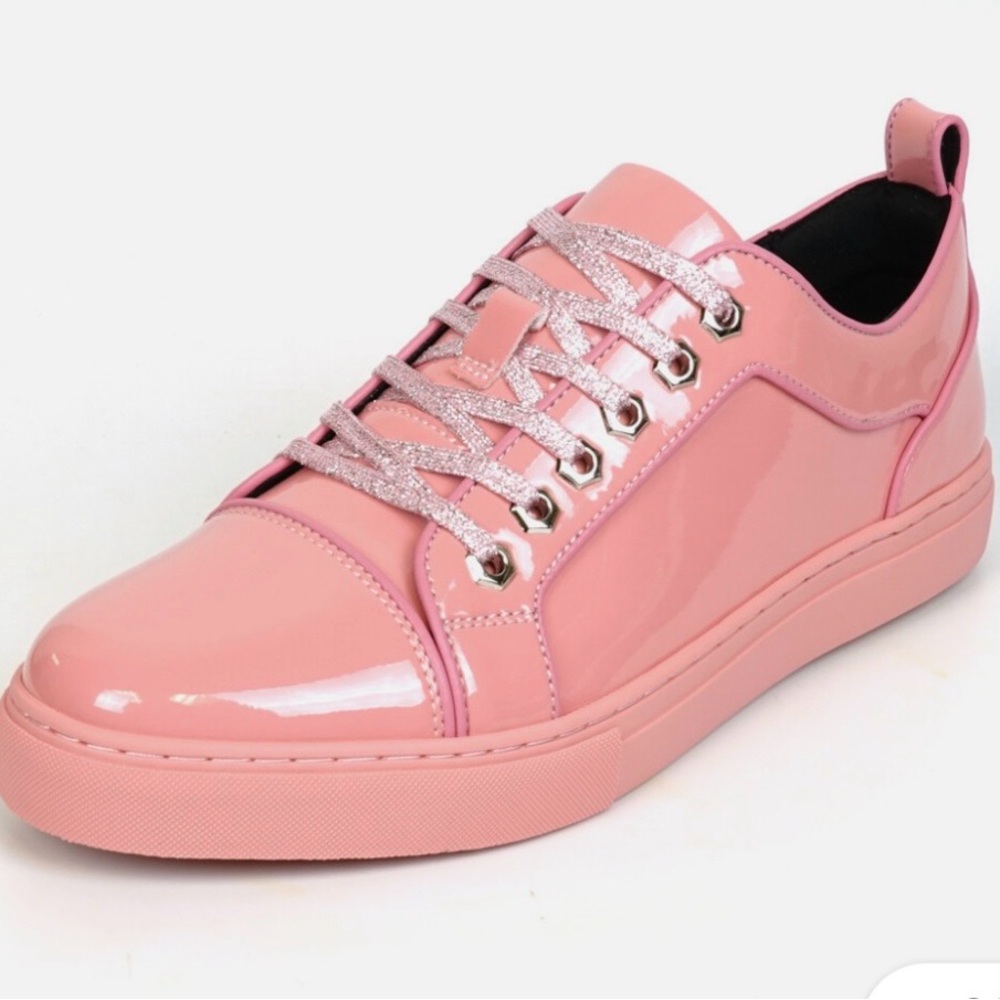 Men's Pink Patent Leather Low-Top Sneakers with Glitter Laces Fi-2415-2
